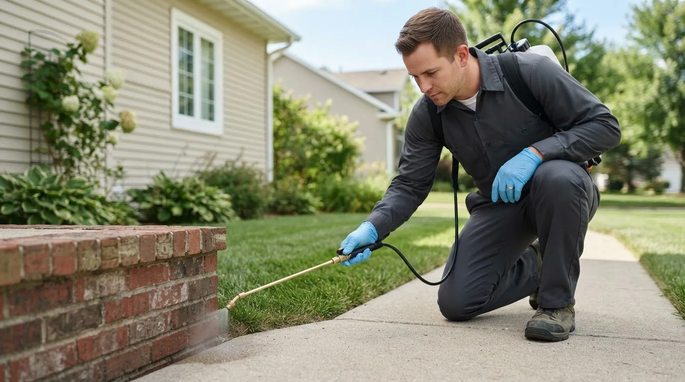 Pest control technician treating a home near Wolf Lake, IL