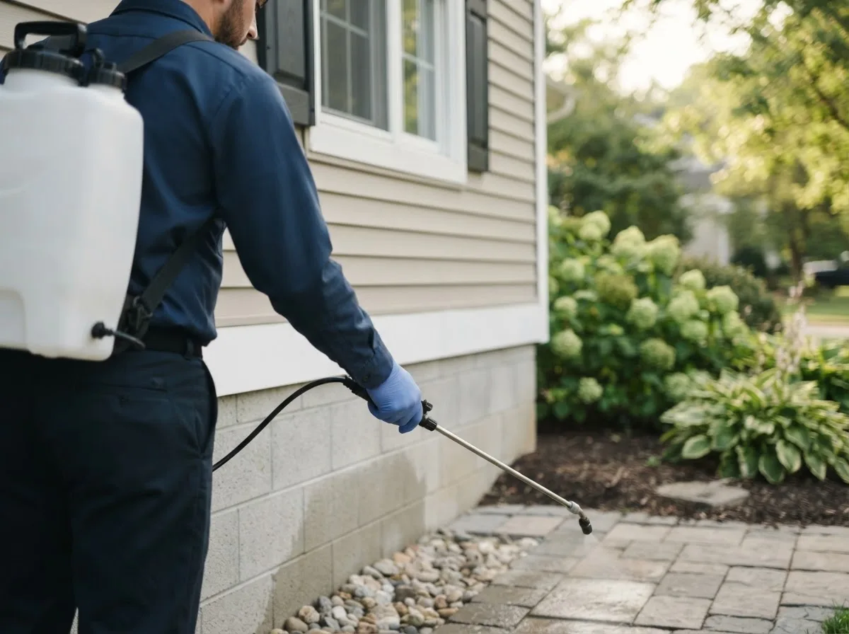 Pest control technician inspecting a home in Wolf Lake, IL